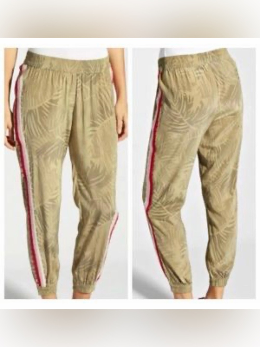 Calypso St. Barth Olive Palm-Print Joggers with Red & Pink Side Stripe